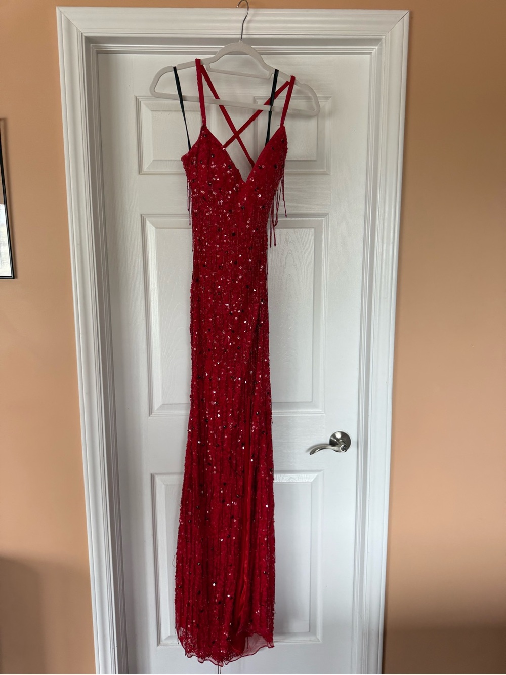 Red Sequin Fringe Evening Dress - Elegant Strappy Gown size 4 but is stretchy